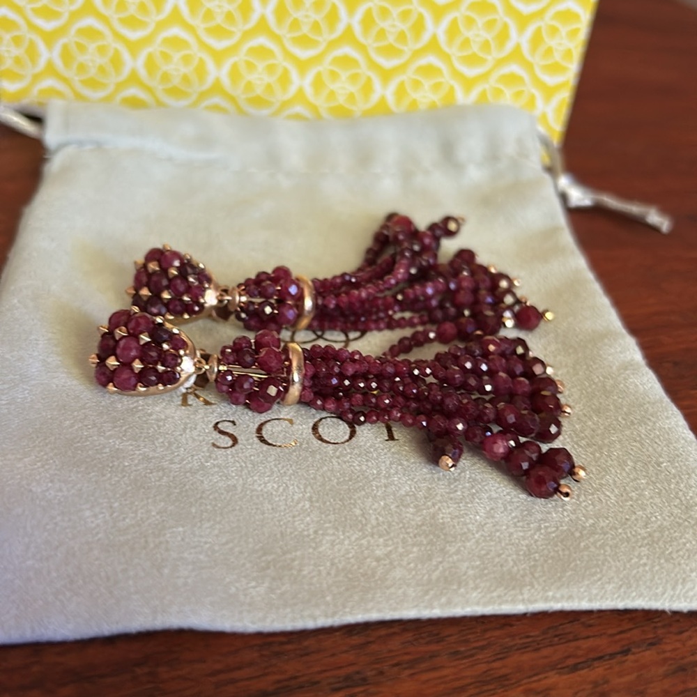 Kendra Scott Gold and Burgundy Red Beaded Clip on Tassel Earrings - Picture 5 of 5